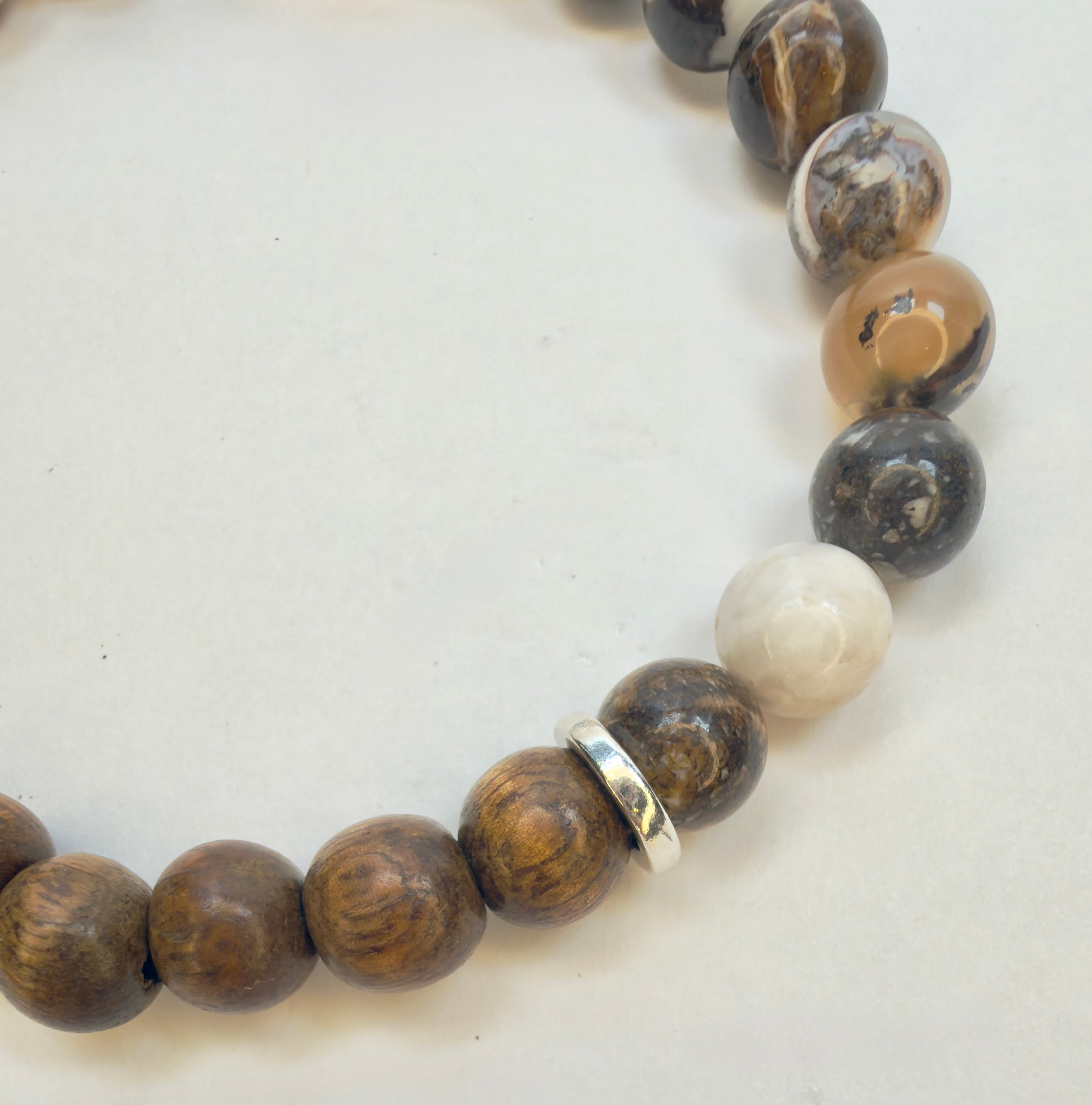 The Frey - Half and Half Petrified Wood and Brown Wood Beaded Bracelet with Sterling Accent