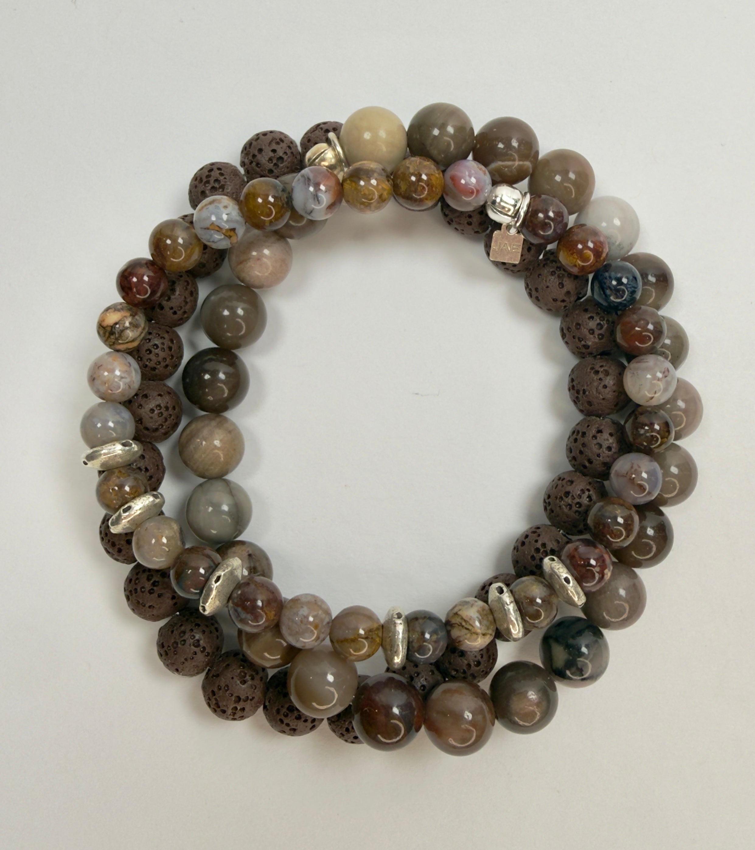 The Brian - Petrified Wood and Fine Silver Beaded Bracelet