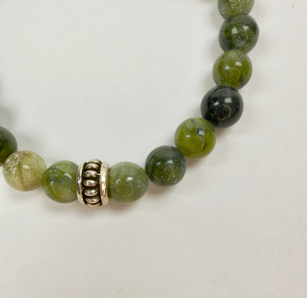 The Ramirez - Green Jasper and Antique Sterling Silver Bead Bracelet